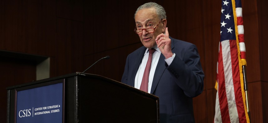 Senate Majority Leader Chuck Schumer announces a framework for congressional action to regulate artificial intelligence technology in a speech at CSIS on June 21, 2023.