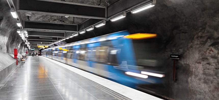 A train arrives at the Hjulsta metro station in Stockholm.