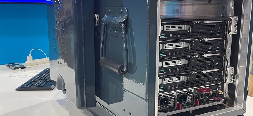The AWS Snowblade edge computing device on display at the June 7, 2023 AWS Summit in Washington, D.C.